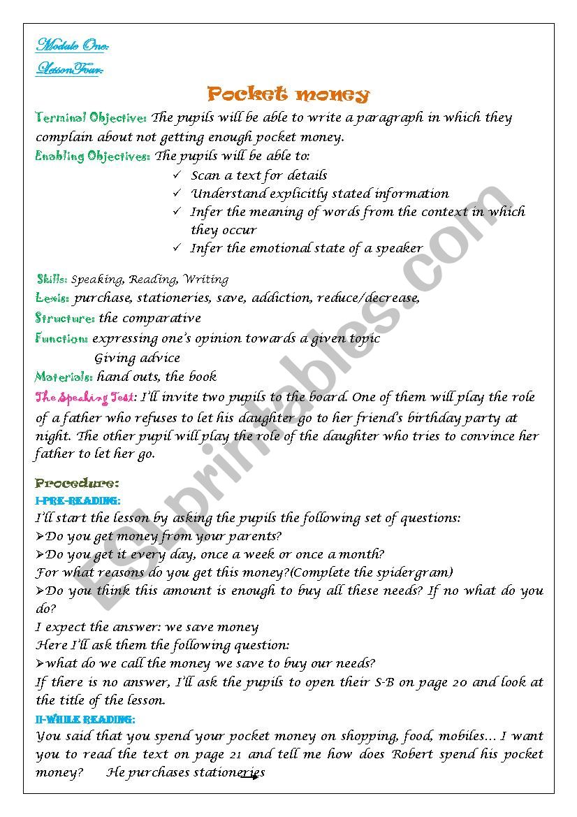 Pocket Money lesson four module 1 for 9th