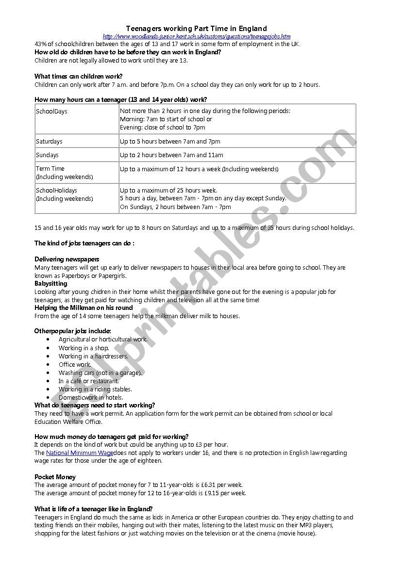 teenagers working part time in england esl worksheet by hetzequoi first time jobs for 17 year olds