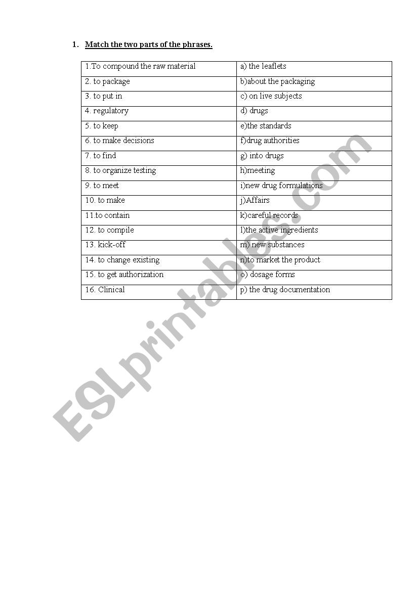 Pharmaceutical vocabulary matching exercise