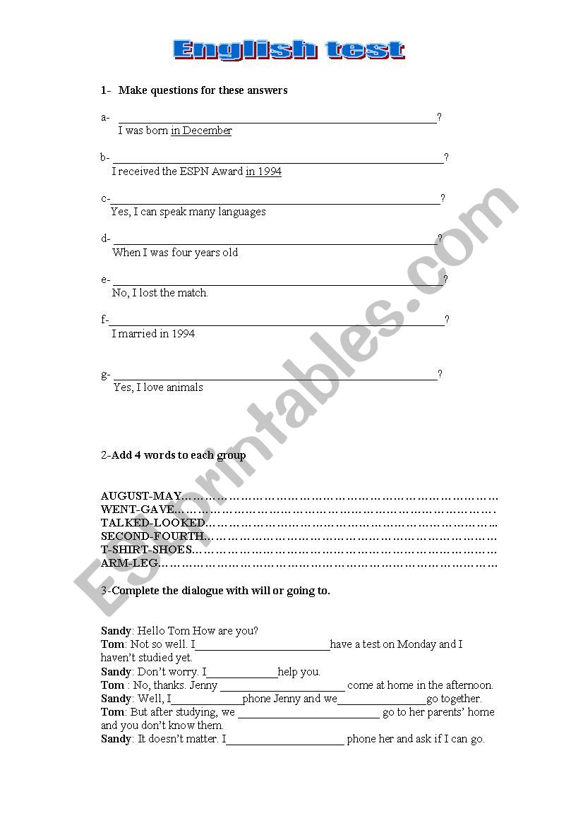 English Test worksheet