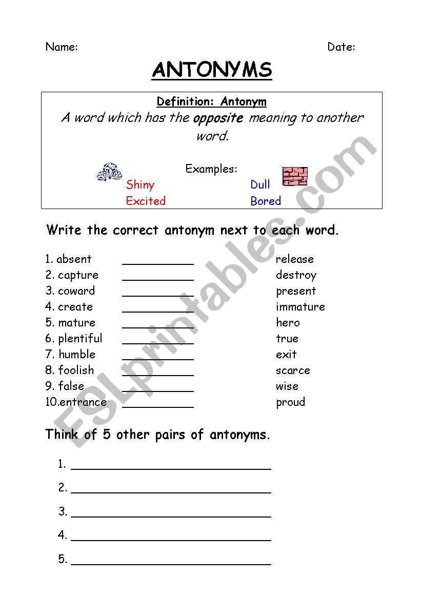 Antonyms worksheet