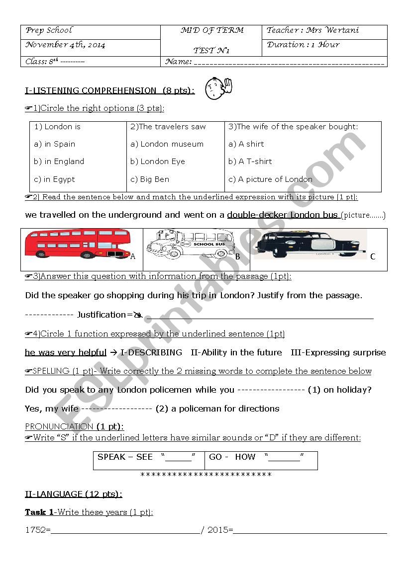 MID OF TERM TEST 1  8th form worksheet
