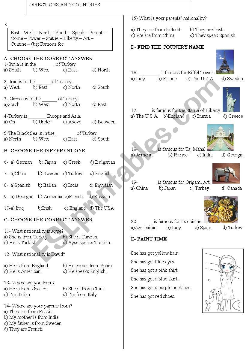 directions and countries worksheet