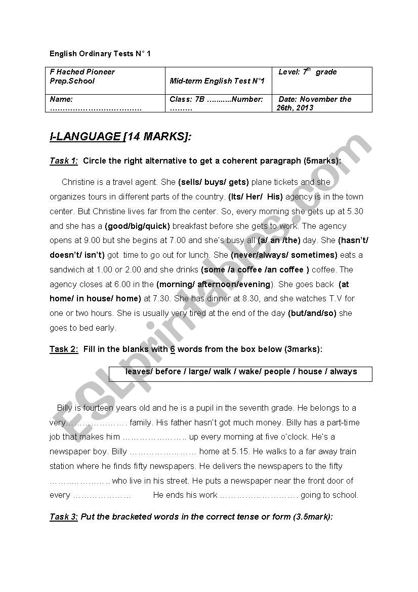 Grade seven mid-term test n1 , Tunisian textbooks 