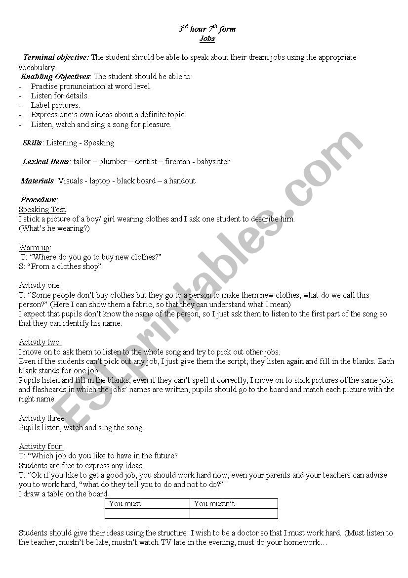 jobs song worksheet