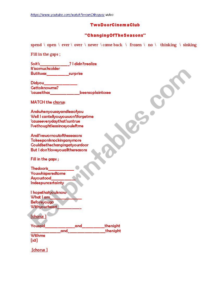 SONG worksheet - TWO DOOR CINEMACLUB -Changing of the seasons 