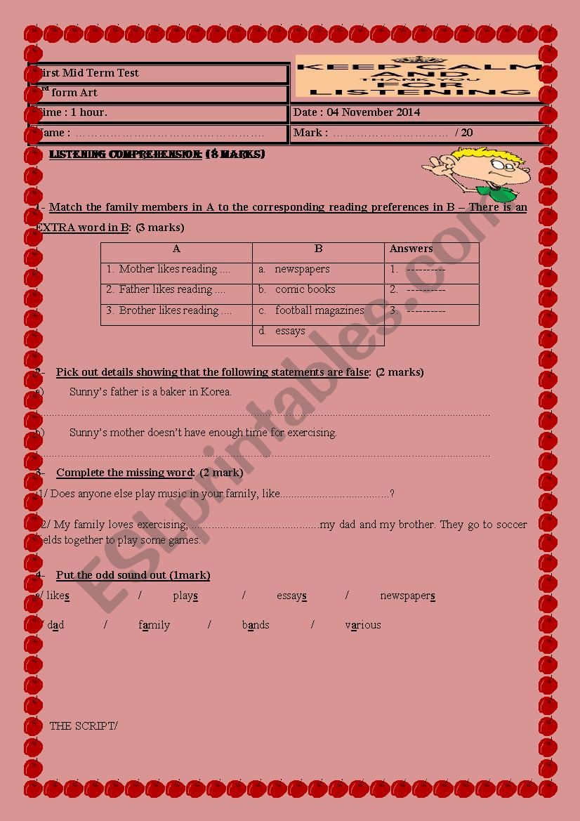 first mid term test for the 3rd form