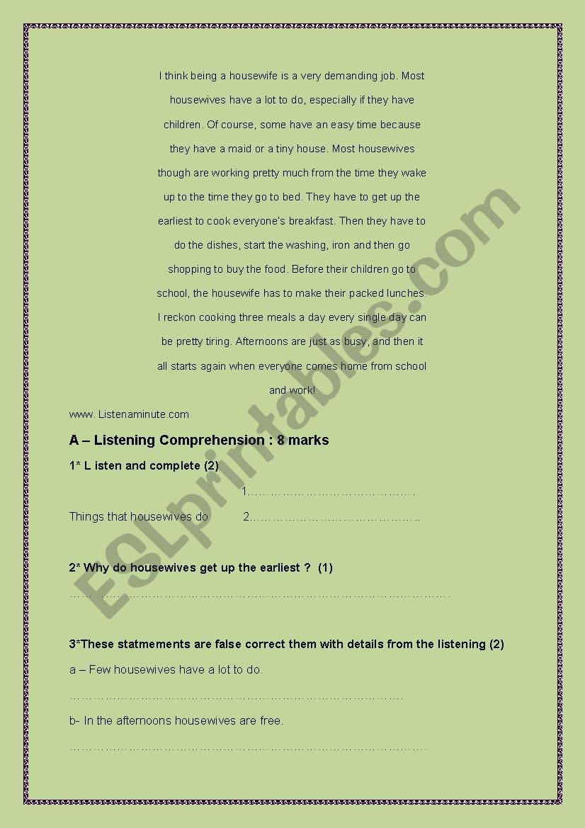 listening comprehension worksheet