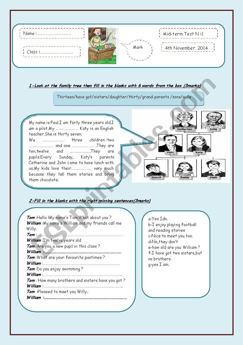 mid-term test 1 (7th formers) worksheet