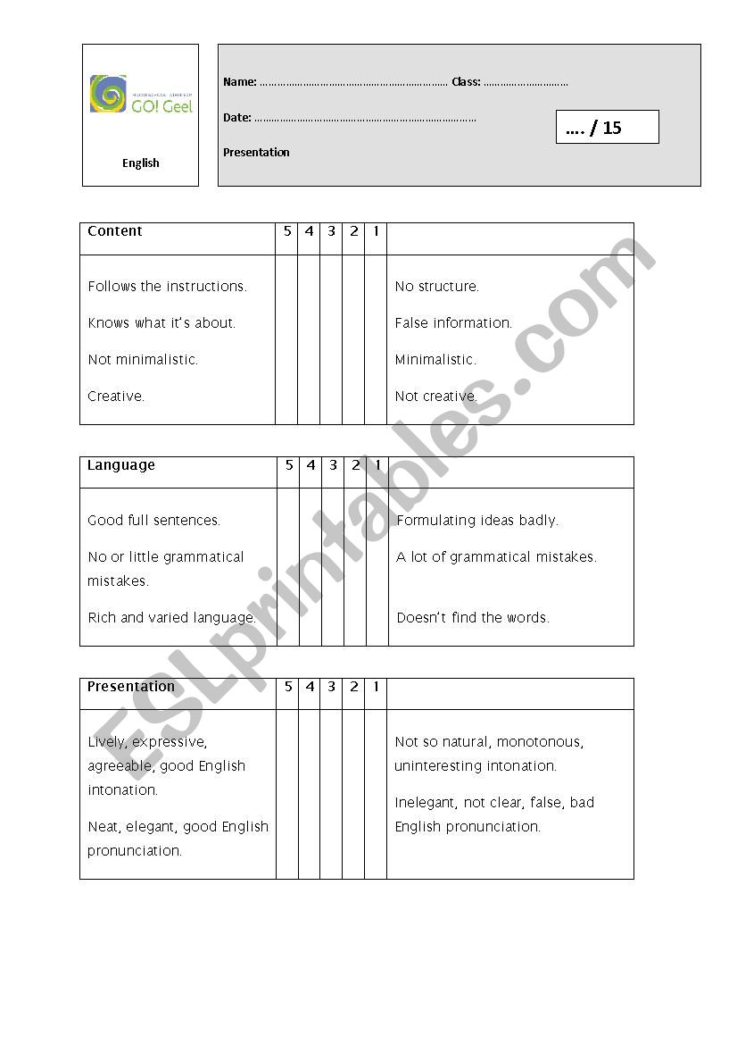 Evaluation oral practice worksheet