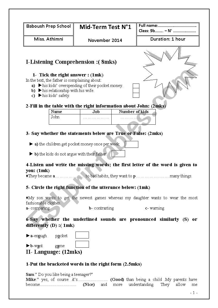 Mid-Term Test n1 9th form worksheet