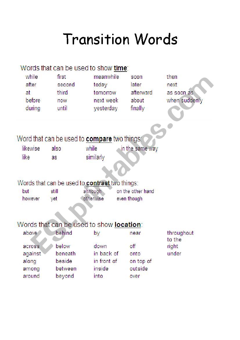 transition words worksheet