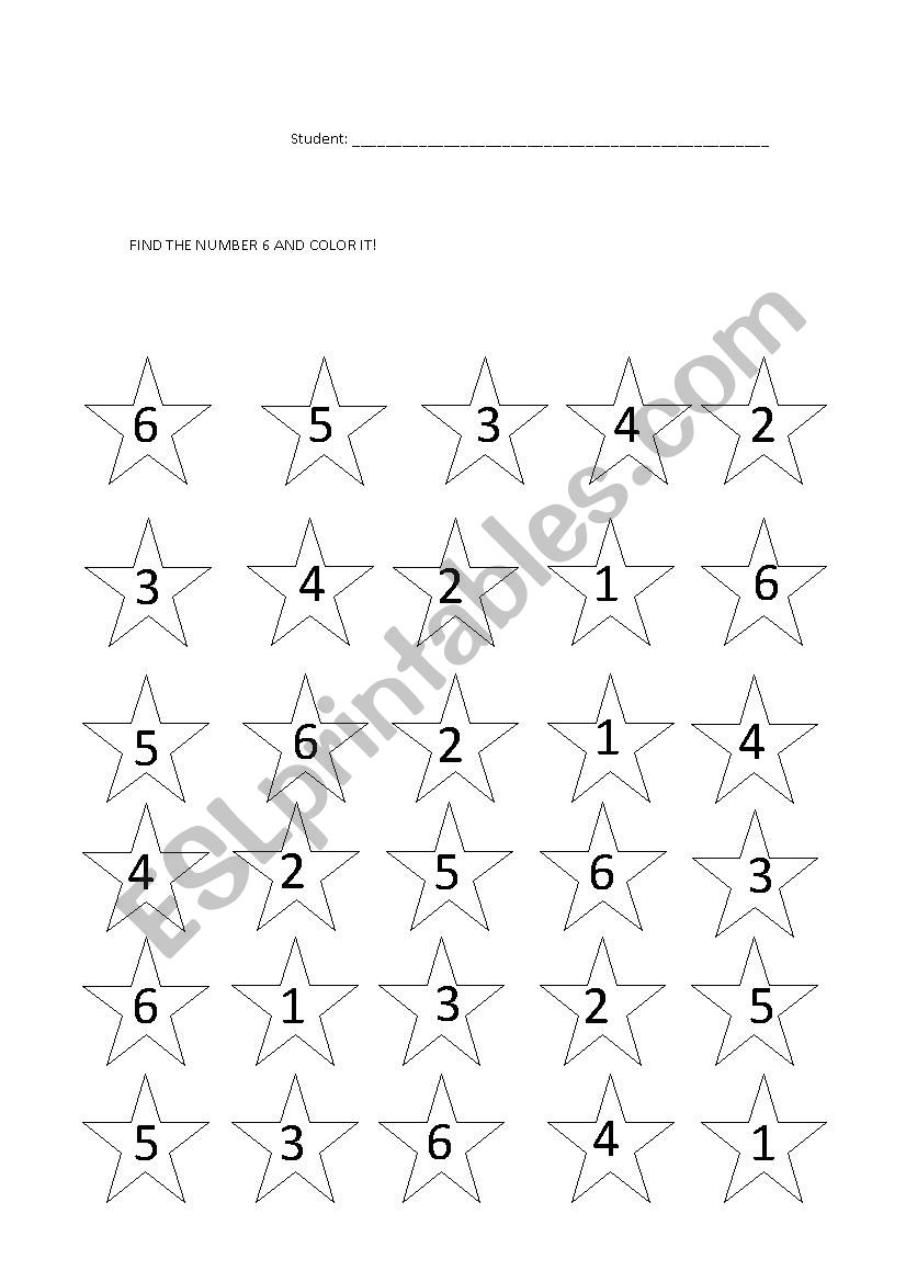 Find and color the number 6. worksheet