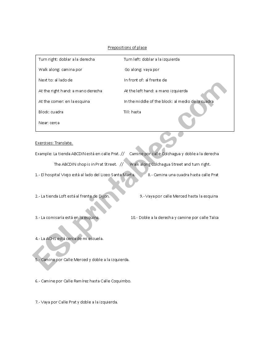 Prepositions of place worksheet