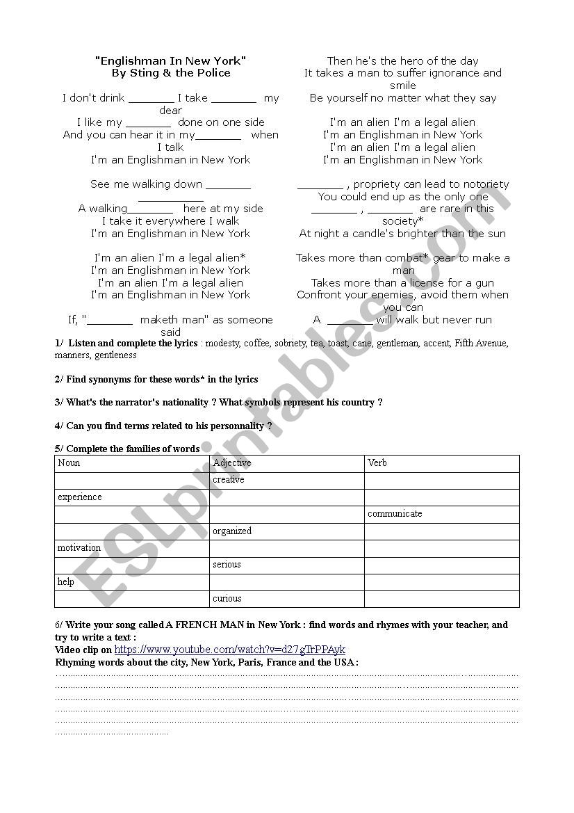 an English man in New York worksheet