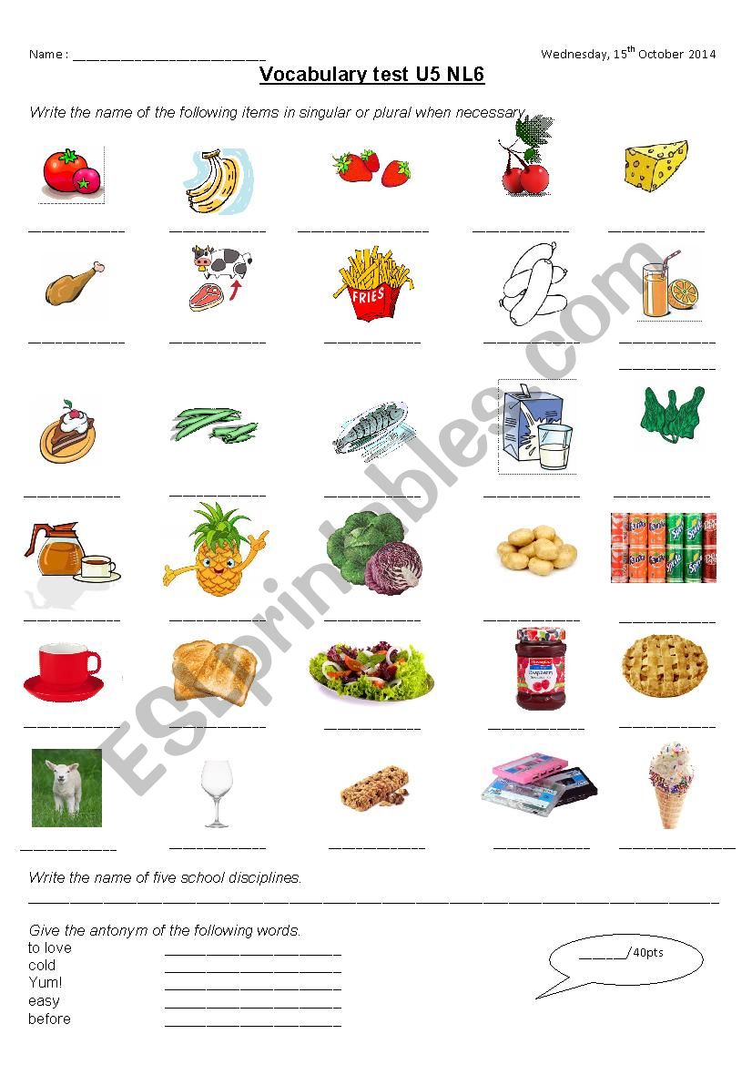 Food vocabulary worksheet
