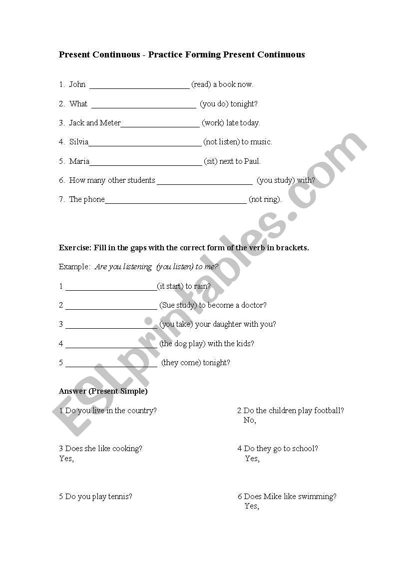 Test (present continuous) worksheet