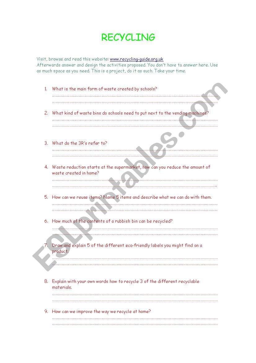 Recyling worksheet