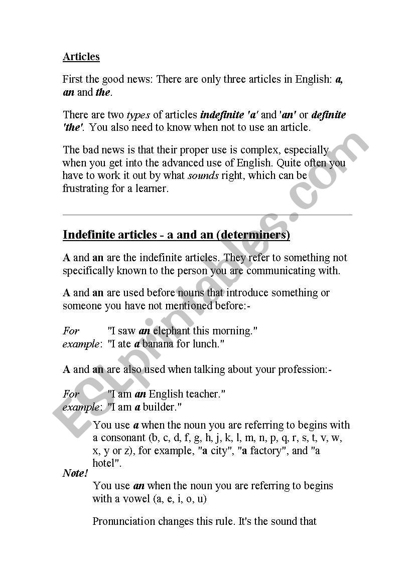 aritcles worksheet
