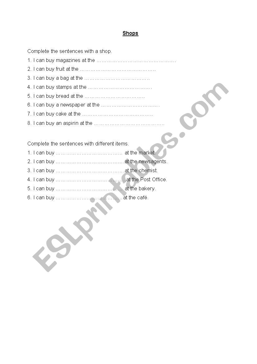 shops worksheet