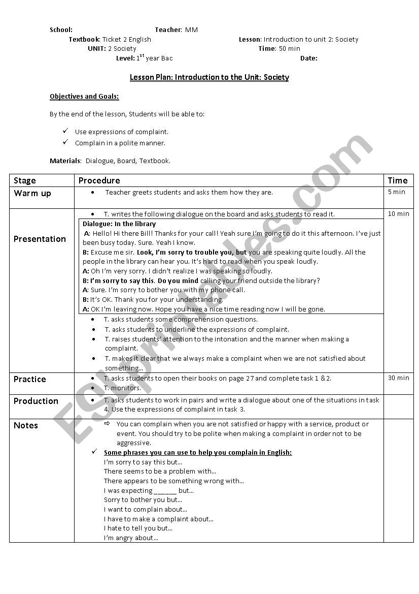 Lesson plan Complaint worksheet