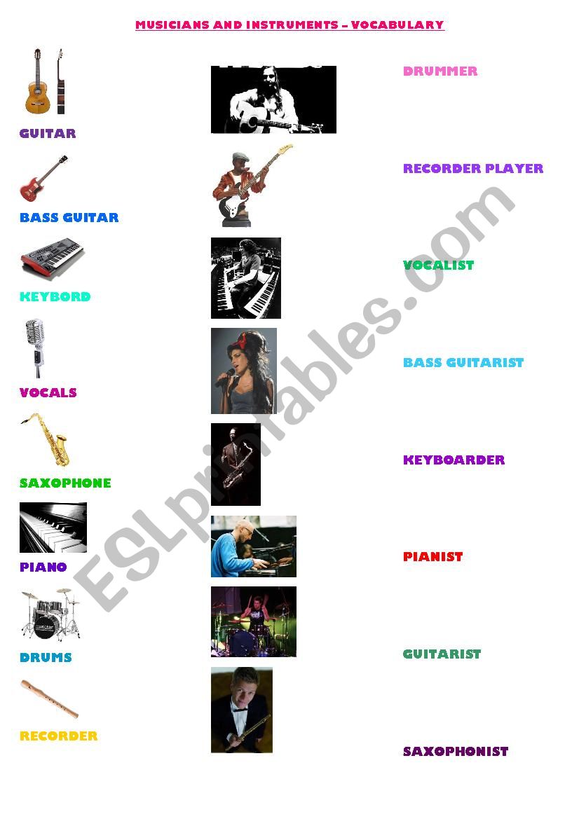 Instruments and musicians worksheet