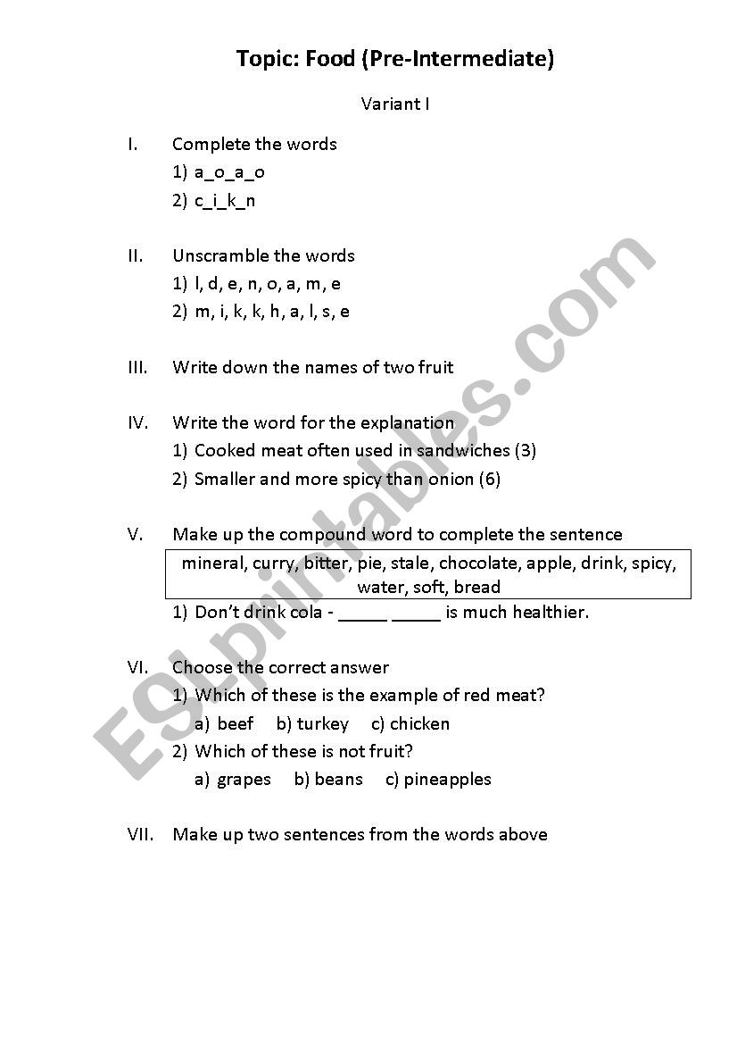 Food (vocabulary test) worksheet