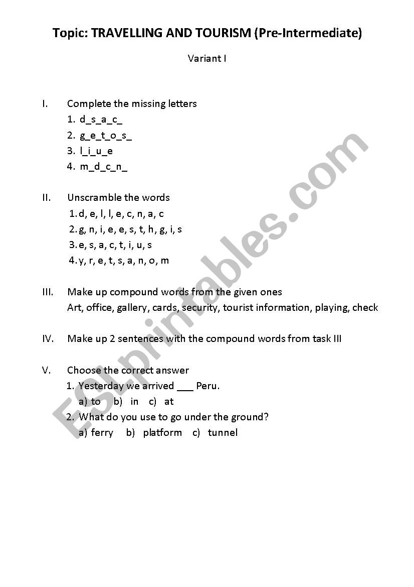 Travelling And Tourism Vocabulary Test Esl Worksheet By Zovopo