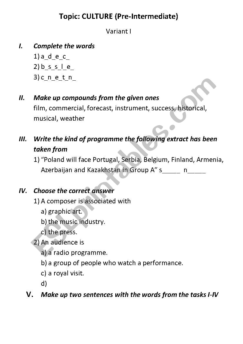 Culture (vocabulary test) worksheet