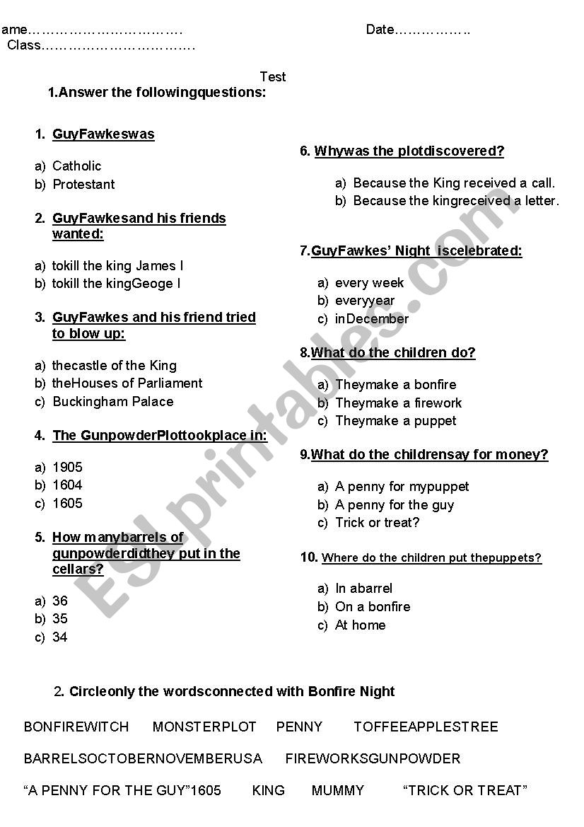 Bonfire test worksheet