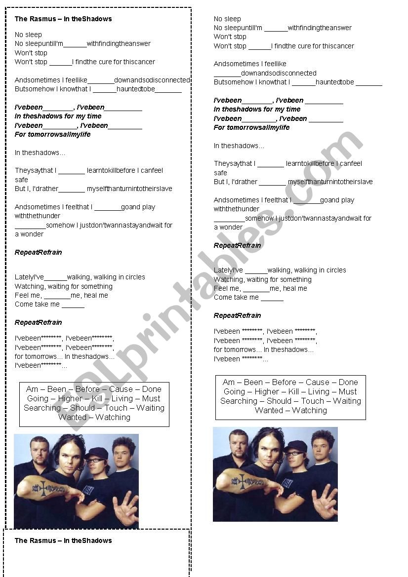 The Rasmus - In he Shadow worksheet