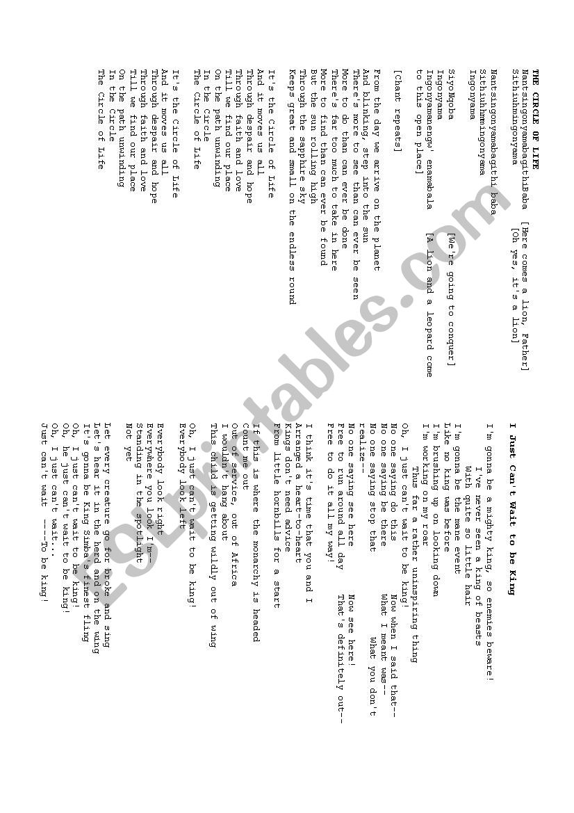 the lion king lyrics worksheet