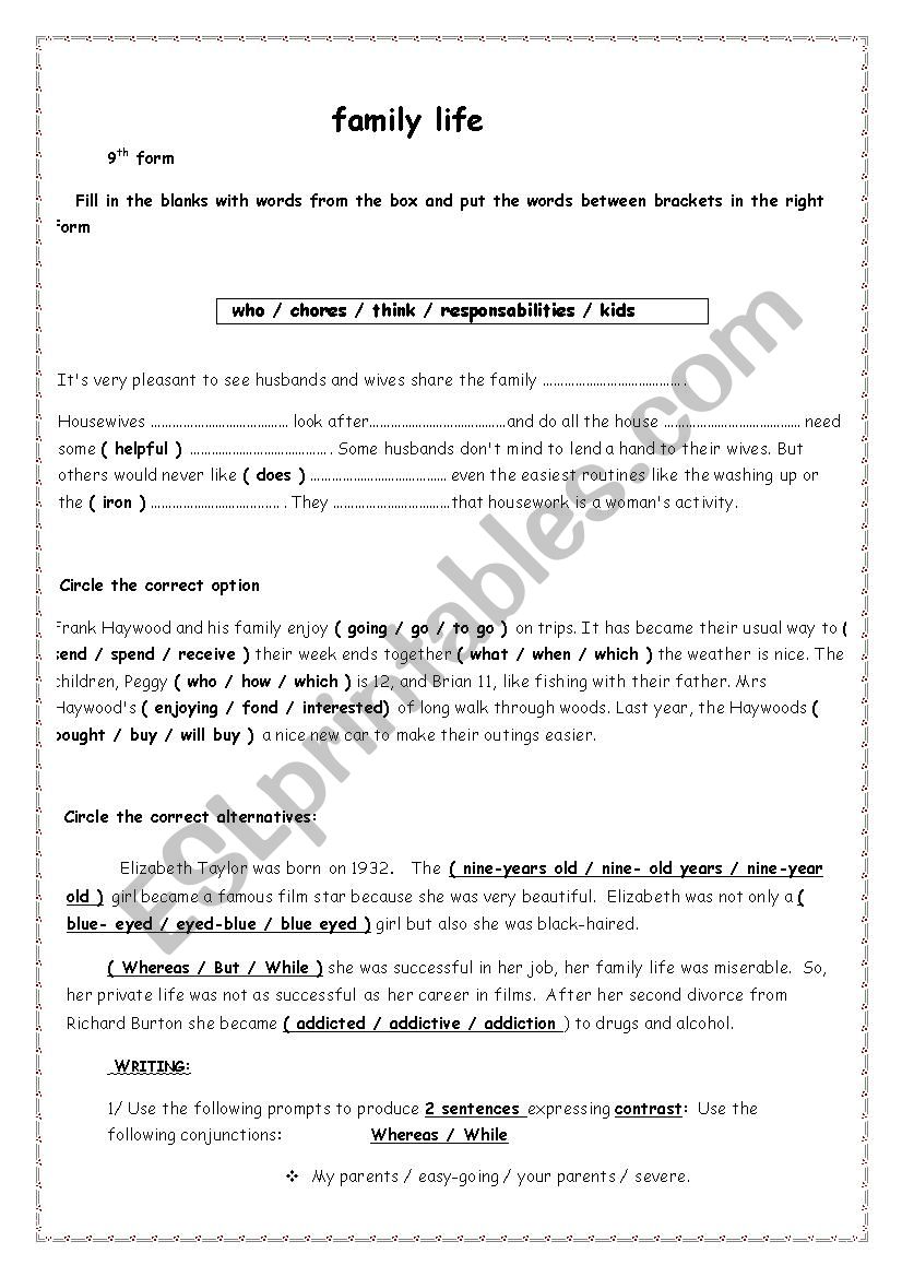 family life worksheet