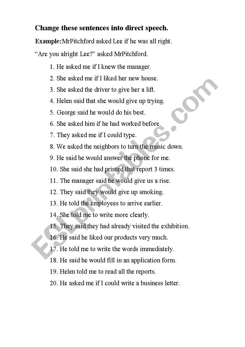 indirect speech live worksheet