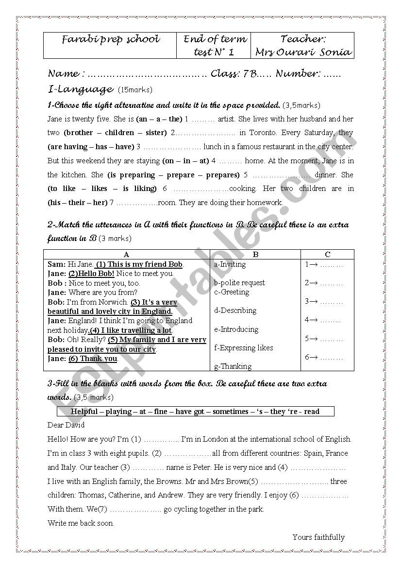 end term test 1 7th form worksheet