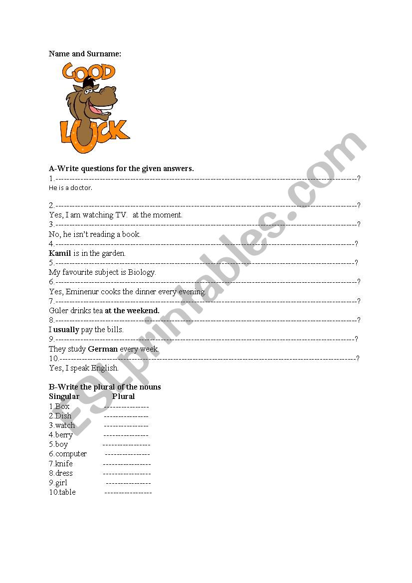 Quiz about making Questions worksheet