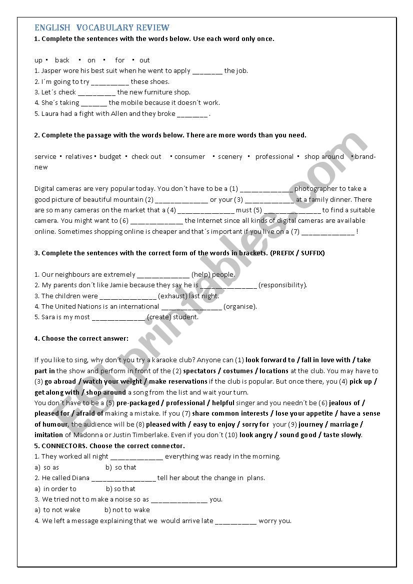 english vocabulary review worksheet