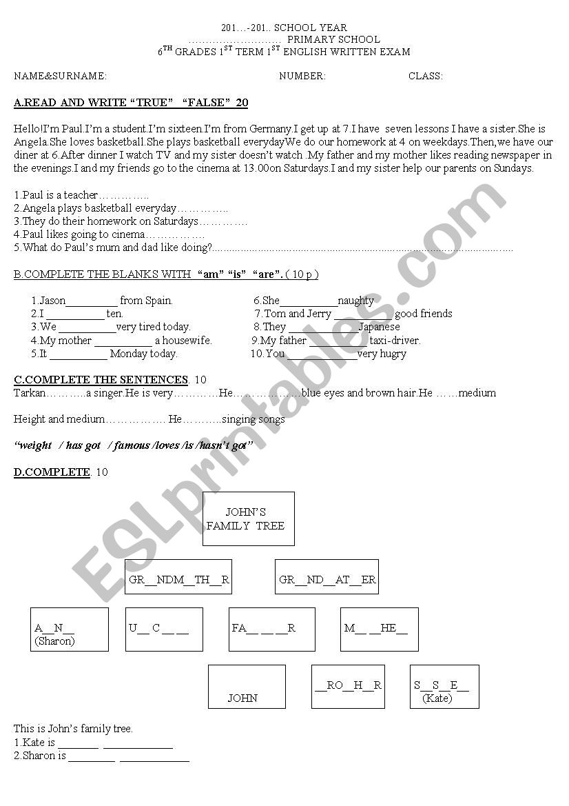 6th grade 1st term 1st written exam 