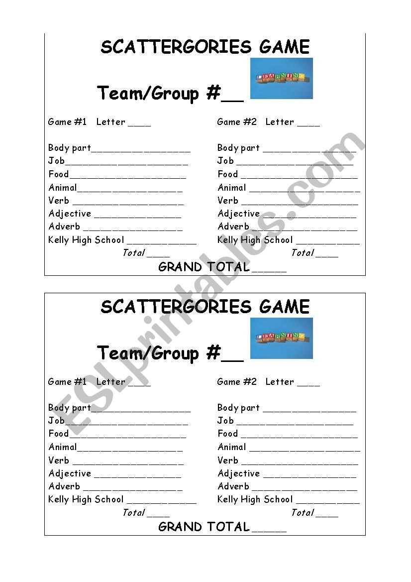 Scattergories Game worksheet