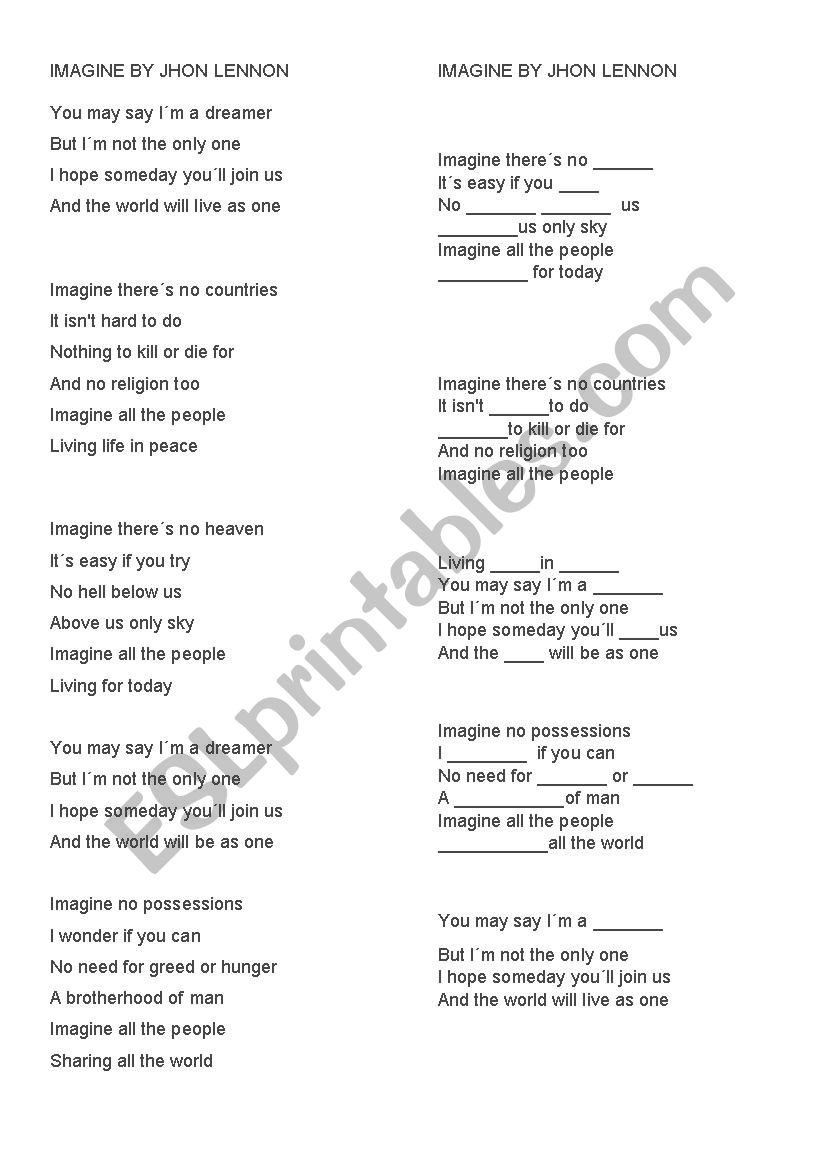 Imagine By John Lennon worksheet