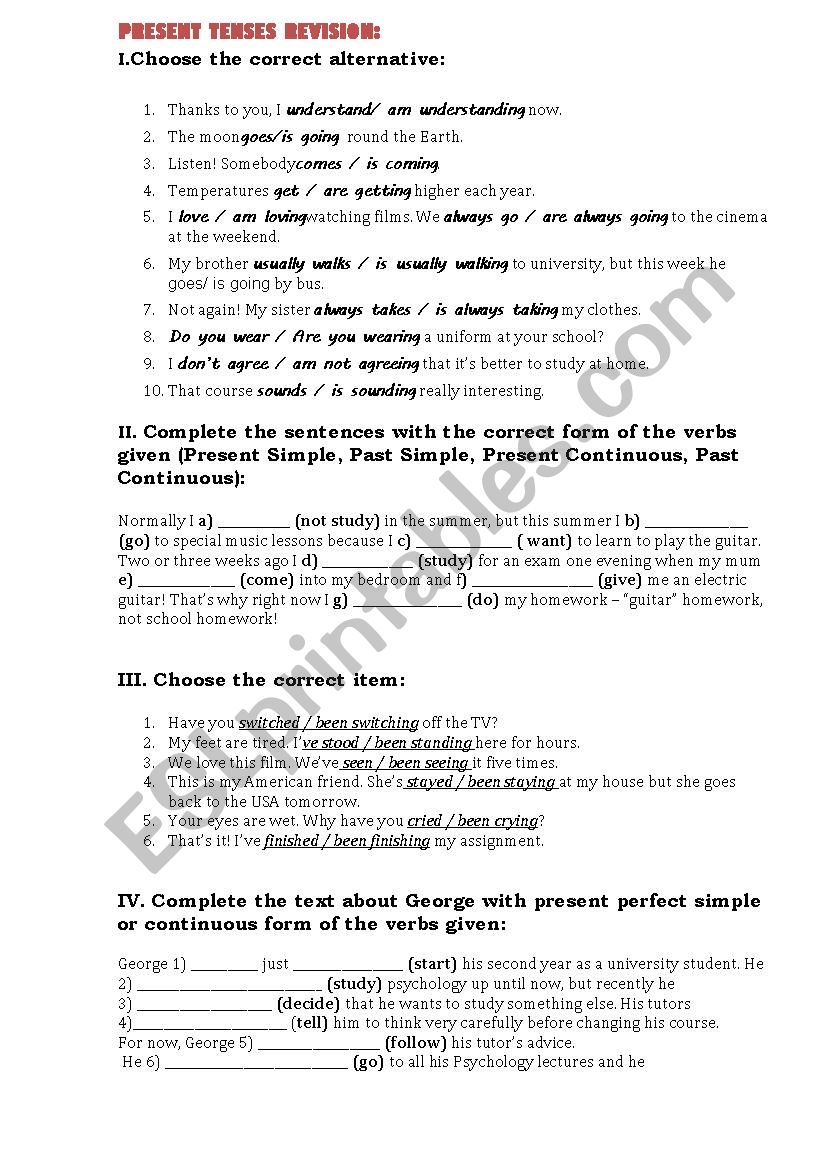 Present Tenses Revision worksheet