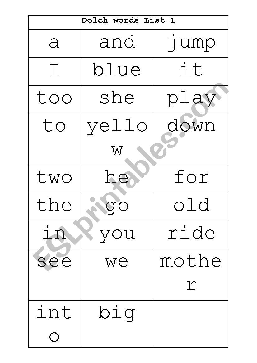 Dolch Words list 1-3 worksheet