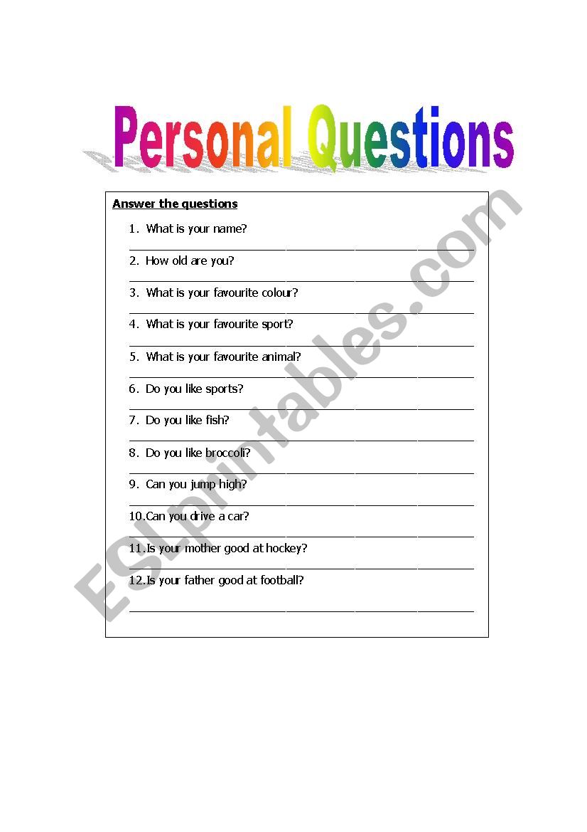 Personal Questions worksheet