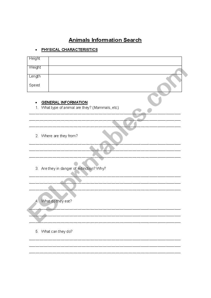 Animal Information worksheet