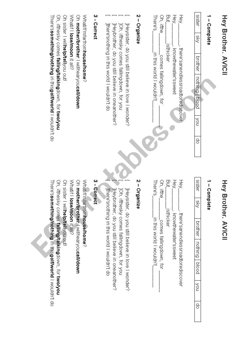hey brother worksheet