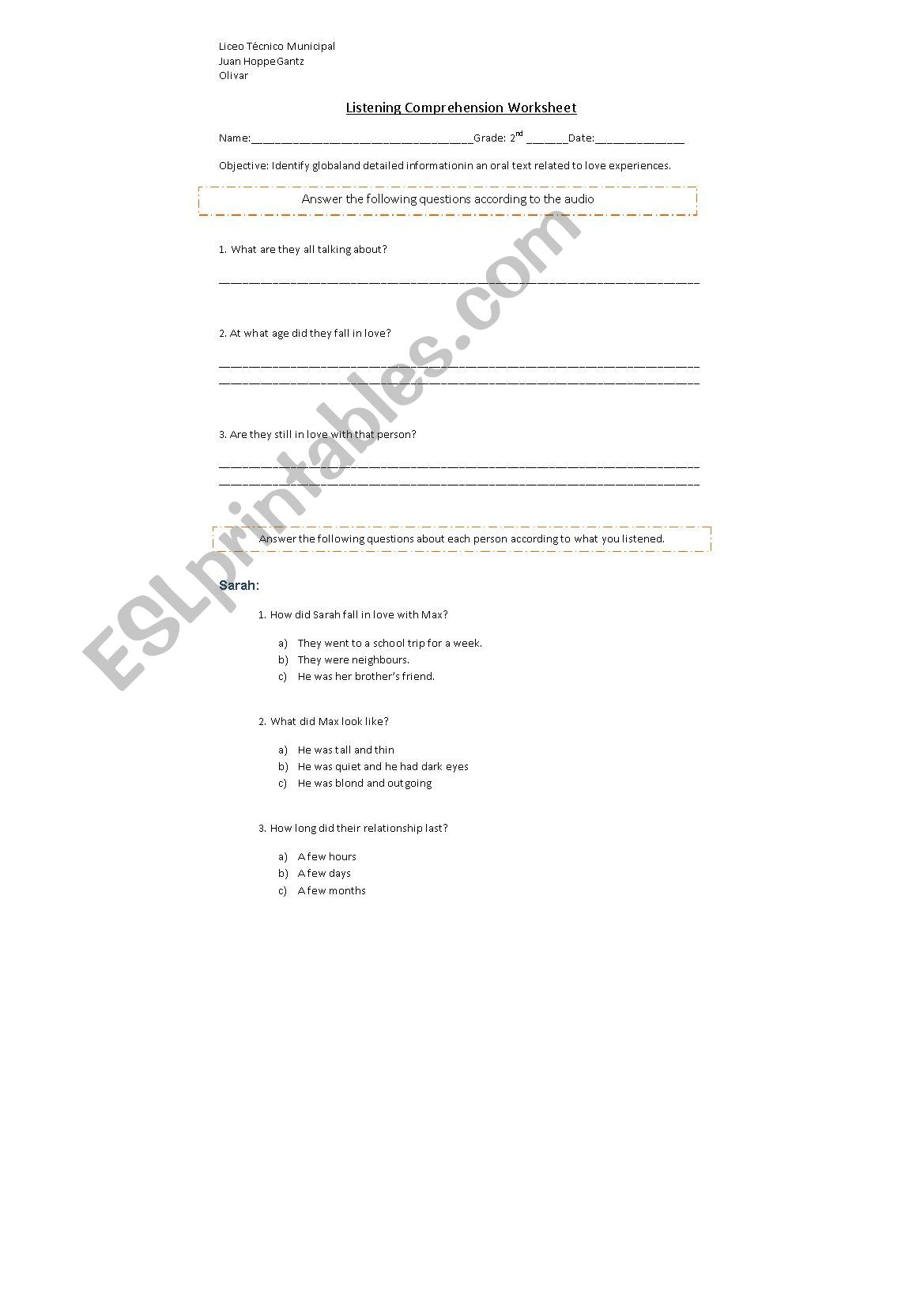 Listening Comprehension Worksheet