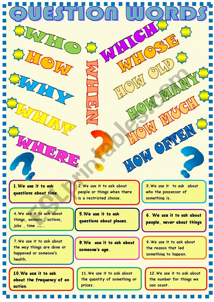  question  words  poster and matching ESL worksheet by 