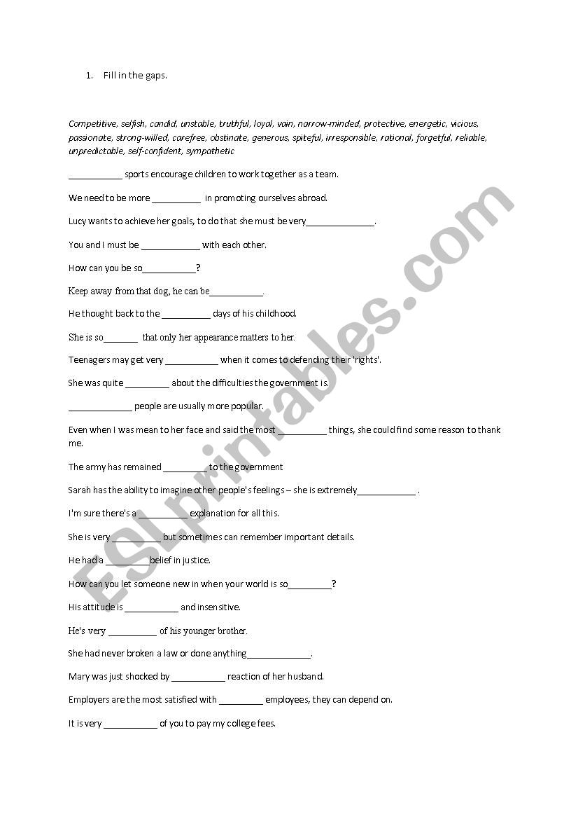 Character and personality - fill in the gaps
