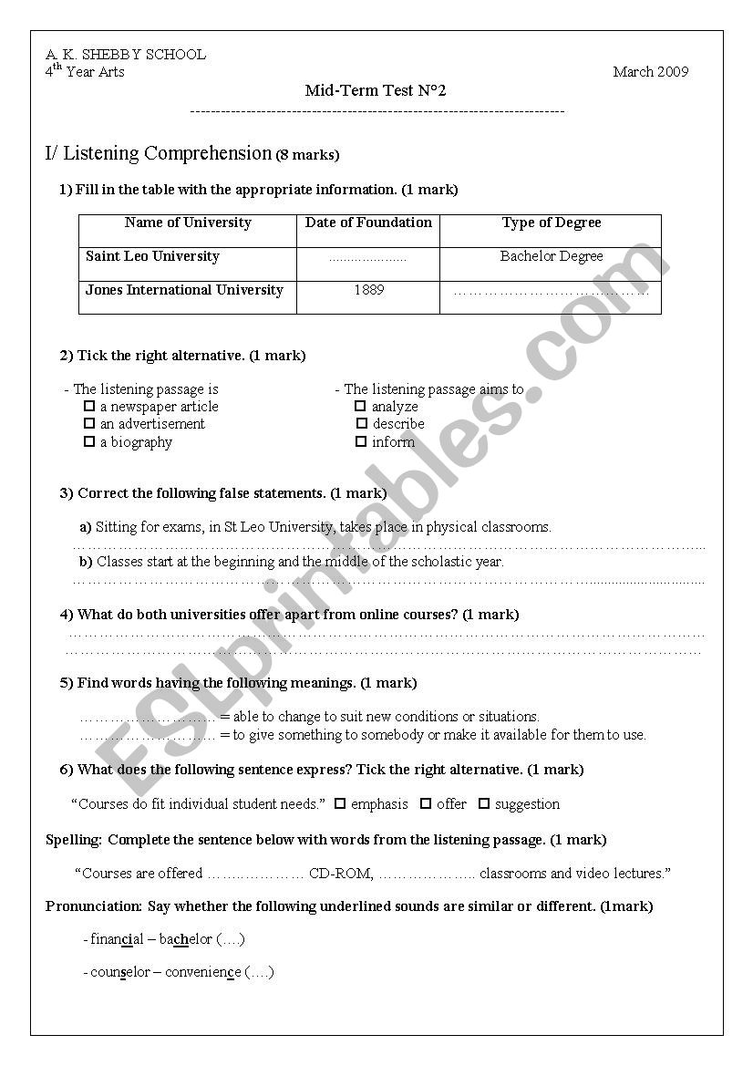 Second mid term test 4th year worksheet