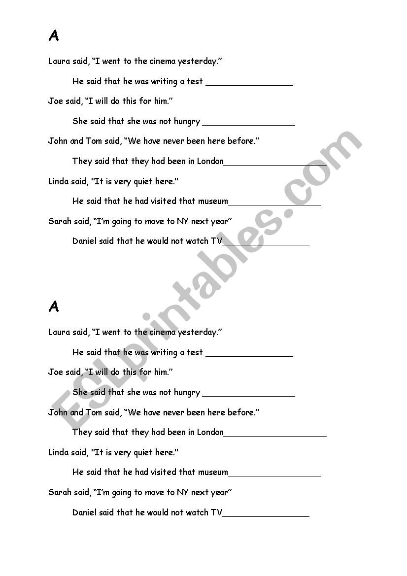 Reported Speech worksheet